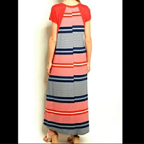 Chris & Carol Striped Red White Navy Short Sleeve Casual Long Maxi Dress Size S - Picture 10 of 10